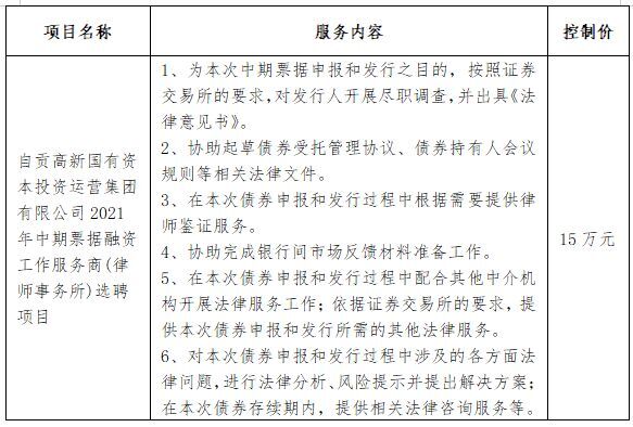 自貢高新國有資本投資運營集團有限公司2021年中期票據(jù)融資工作服務(wù)商(律師事務(wù)所)選聘項目公開比選公告