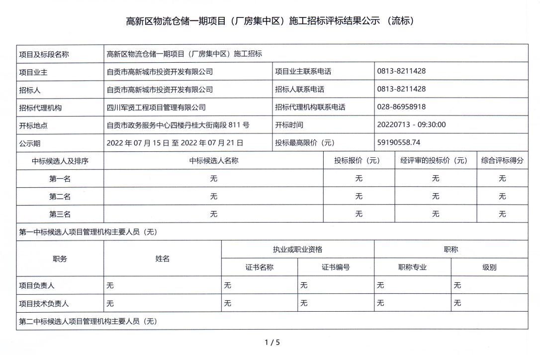 高新區(qū)物流倉儲一期項目（廠房集中區(qū)）施工招標(biāo)評標(biāo)結(jié)果公示（流標(biāo)）